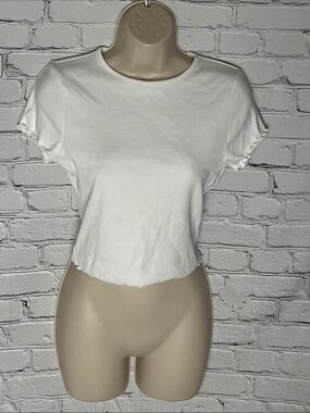 Miss Selfridge White Ribbed Crop Top with Lettuce-Edge